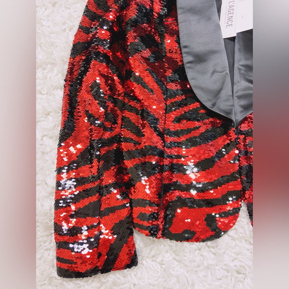 NWT $725 L'agence Yuna Sequin Blazer In Tango Red/black Zebra Stripe - Picture 6 of 7